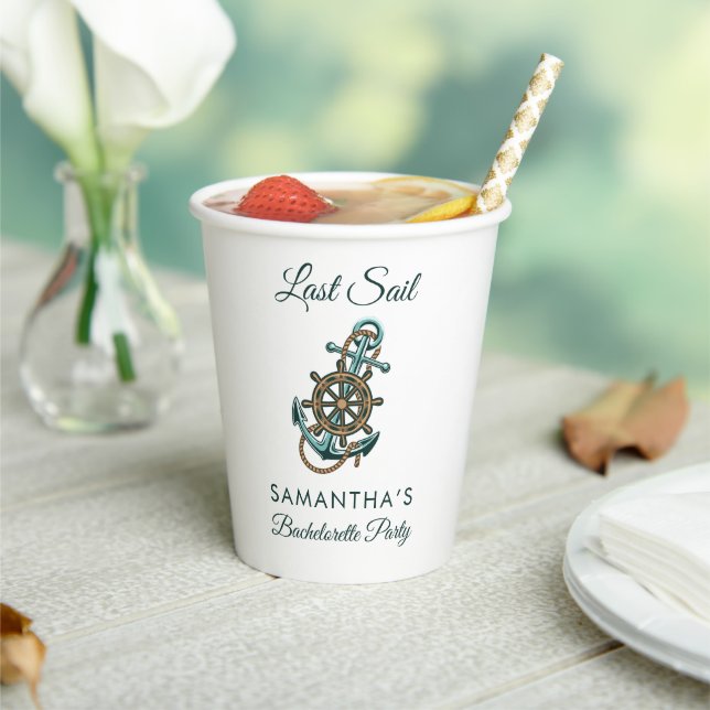 Nautical Anchor Last Sail Bachelorette Party Name Paper Cups (Insitu)