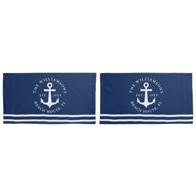 Nautical Anchor Light Navy Blue White King Size Pillowcase (Front-Set)