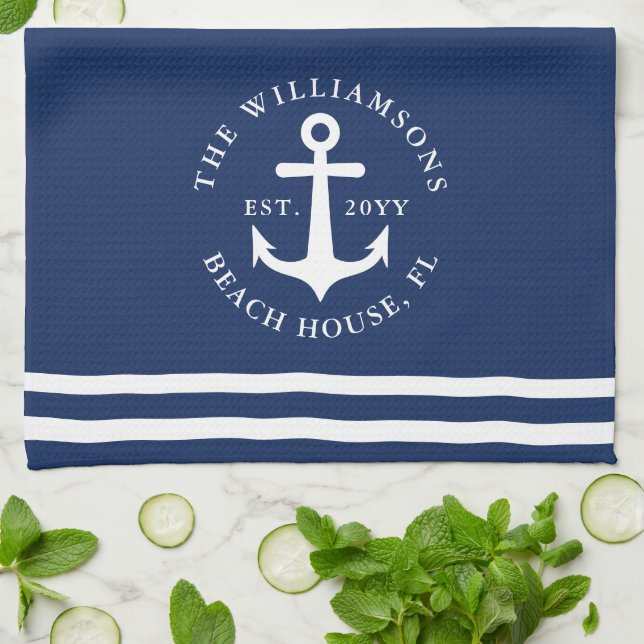 Nautical Anchor Light Navy Blue White Monogrammed Kitchen Towel (Folded)