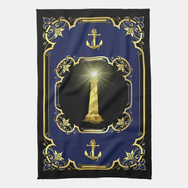 Nautical anchor/lighthouse gilded black/gold/blue kitchen towel (Vertical)