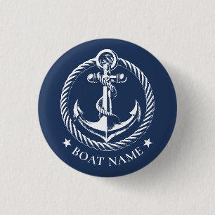 Nautical Anchor Logo Navy Blue Boat Name 1 Inch Round Button