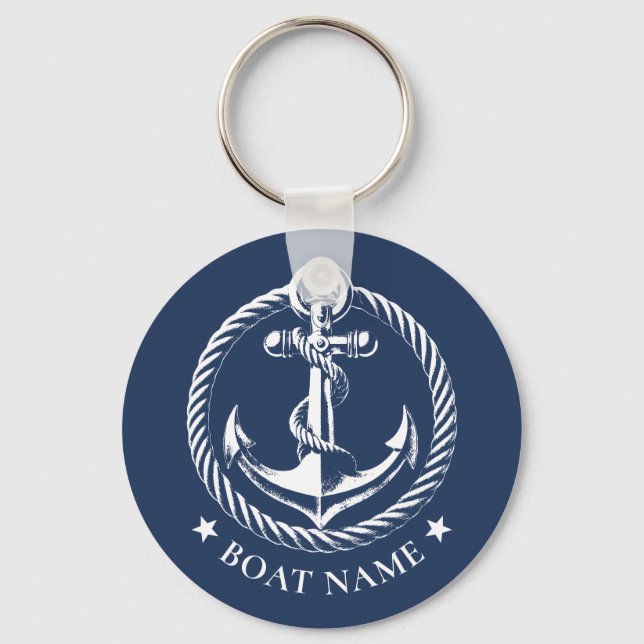 Nautical Anchor Logo Navy Blue Boat Name Keychain (Front)