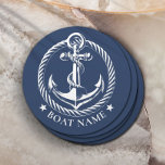 Nautical Anchor Logo Navy Blue Boat Name Round Paper Coaster<br><div class="desc">Nautical Anchor Logo Navy Blue Boat Name Paper Coaster.</div>