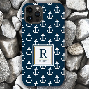 Nautical Anchor Marine Navy Blue Pattern Monogram iPhone 14 Case