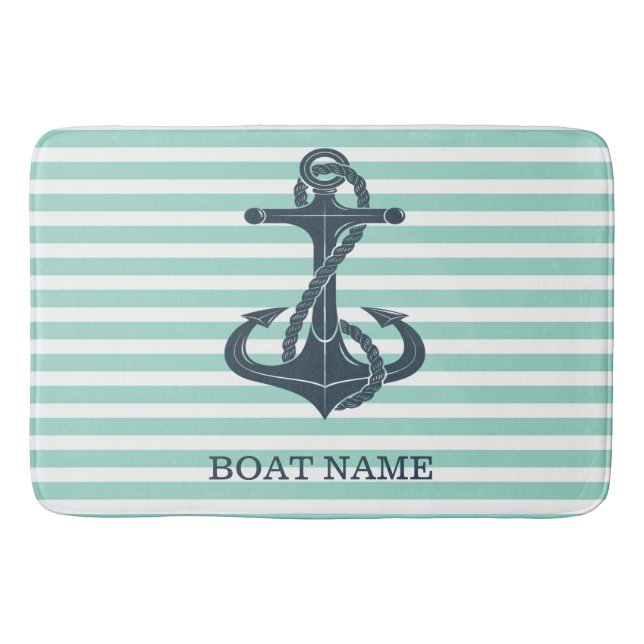 Nautical,Anchor,Mint Green Stripes Bath Mat (Front)