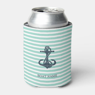 Nautical,Anchor,Mint Green Stripes Can Cooler