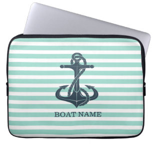 Nautical,Anchor,Mint Green Stripes Laptop Sleeve