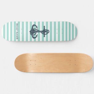 Nautical,Anchor,Mint Green Stripes Skateboard
