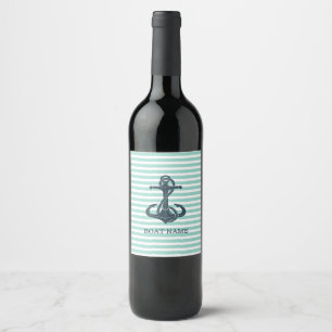 Nautical,Anchor,Mint Green Stripes Wine Label