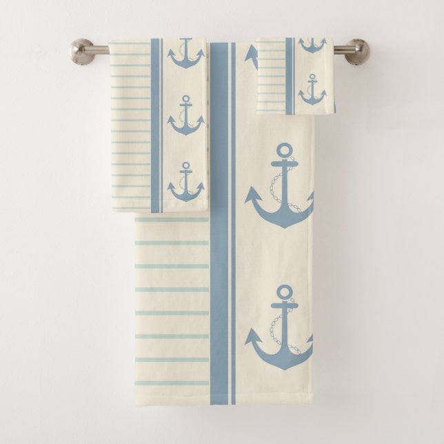 Nautical Anchor Modern Abstract Stripe Bath Towel Set (Insitu)