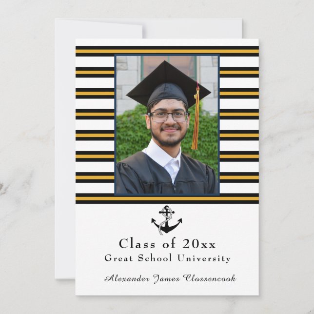 Nautical Anchor Modern black yellow Graduation  Announcement (Front)