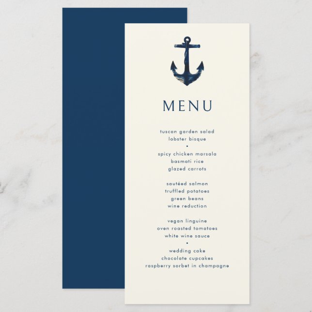 Nautical Anchor Modern Simple Navy Blue Wedding Menu (Front/Back)