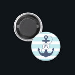 Nautical Anchor Mongram Magnet<br><div class="desc">Light aqua nautical stripes with navy blue anchor and monogram.</div>