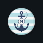 Nautical Anchor Mongram Magnet<br><div class="desc">Light aqua nautical stripes with navy blue anchor and monogram.</div>