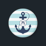 Nautical Anchor Mongram Magnet<br><div class="desc">Light aqua nautical stripes with navy blue anchor and monogram.</div>