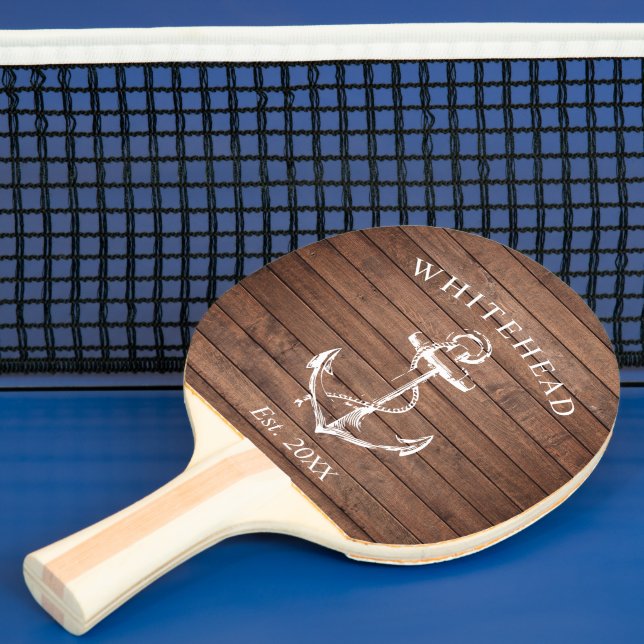 Nautical Anchor Monogram Brown Wood Ping Pong Paddle (Insitu)