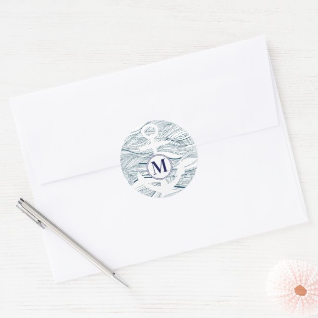 Nautical Anchor Monogram Classic Round Sticker (Envelope)