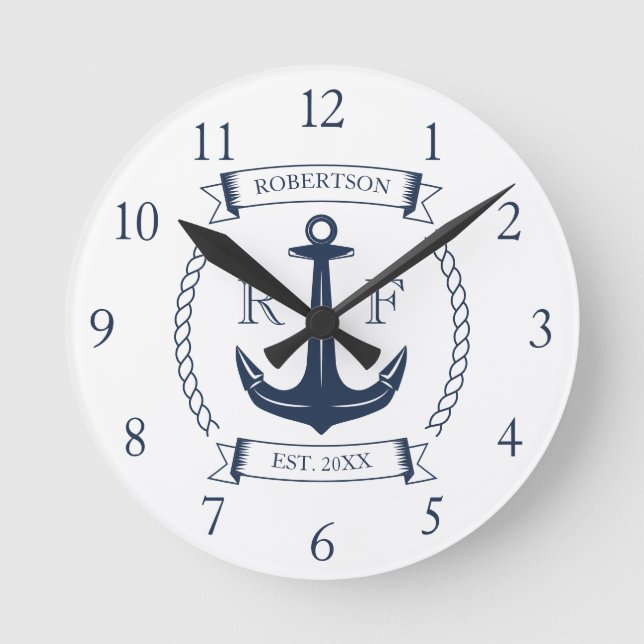 Nautical Anchor Monogram Family Name Round Clock (Front)
