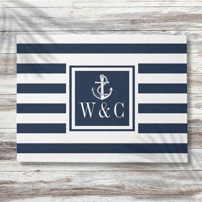 Nautical Anchor Monogram Navy Blue Stripe Doormat (Nautical Anchor Monogram Navy Blue Stripe Doormat)