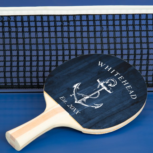 Nautical Anchor Monogram Navy Blue Wood Ping Pong Paddle (Insitu)