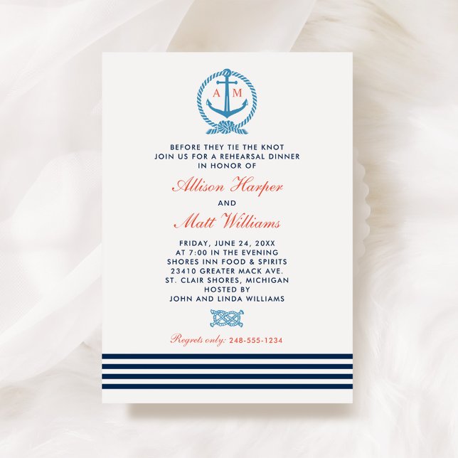 Nautical Anchor Monogram Navy Coral Rehearsal Invitation (Creator Uploaded)