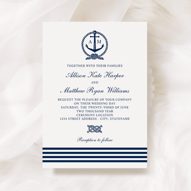 Nautical Anchor Monogram Navy Stripe Wedding Invitation (Creator Uploaded)