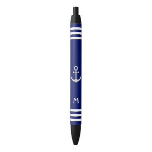 Nautical Anchor & Monogram on Blue Background Black Ink Pen