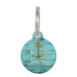 Nautical Anchor Monogram Turquoise Wood Pet Name Tag