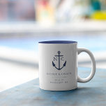 Nautical Anchor Monogram Wedding Favour Two-Tone Coffee Mug<br><div class="desc">Commemorate your wedding in preppy nautical style with these monogrammed wedding favour mugs,  featuring a ship's anchor illustration in navy blue flanked by your initials. Personalize with the couple's names,  wedding date and location. Choose the two tone style for a matching pop of colour inside the mug!</div>