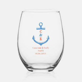 Nautical Anchor Monogrammed Paddle  Stemless Wine Glass