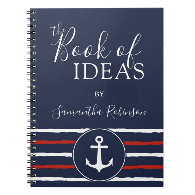 Nautical Anchor Monogrammed Red White Navy Blue Notebook (Front)