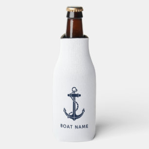 Nautical Anchor Motif Navy Blue Boat Name Custom Bottle Cooler