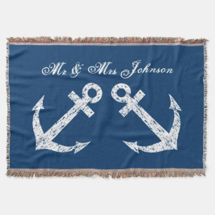 Nautical anchor mr and mrs throw blanket Blue