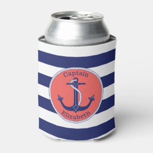 Nautical Anchor Navy and Coral Personalized Can Cooler