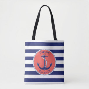 Nautical Anchor Navy and Coral Personalized Tote Bag