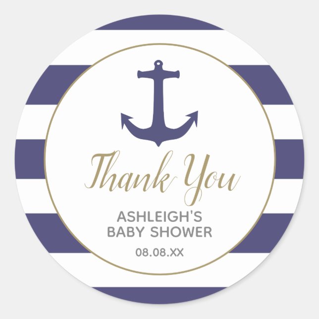 Nautical Anchor Navy Baby Shower Thank You Classic Round Sticker (Front)