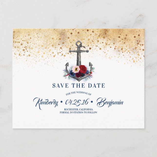 Nautical Anchor Navy Blue and Red Save the Date Announcement Postcard (Front)
