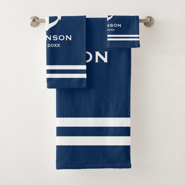 Nautical anchor navy blue and white custom name bath towel set (Insitu)
