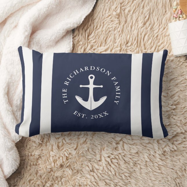 Nautical Anchor Navy Blue and White Family Lumbar Pillow (Blanket)