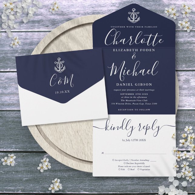 Nautical Anchor Navy Blue And White Script Wedding All In One Invitation (Nautical Anchor Navy Blue And White Script Wedding All In One Invitation)