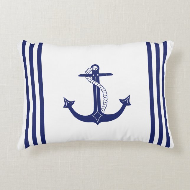 Nautical Anchor Navy Blue and White Stripes Accent Pillow (Front)