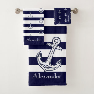 Nautical Anchor Navy Blue  and White Stripes Bath Towel Set