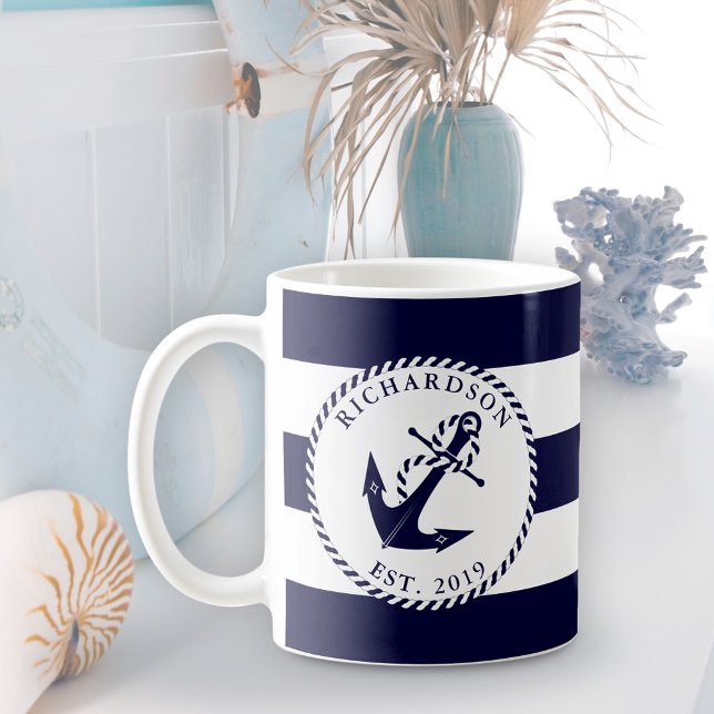 Nautical Anchor Navy Blue and White Stripes Custom Coffee Mug (Creator Uploaded)