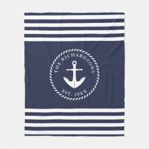 Nautical Anchor Navy Blue and White Stripes Custom Fleece Blanket
