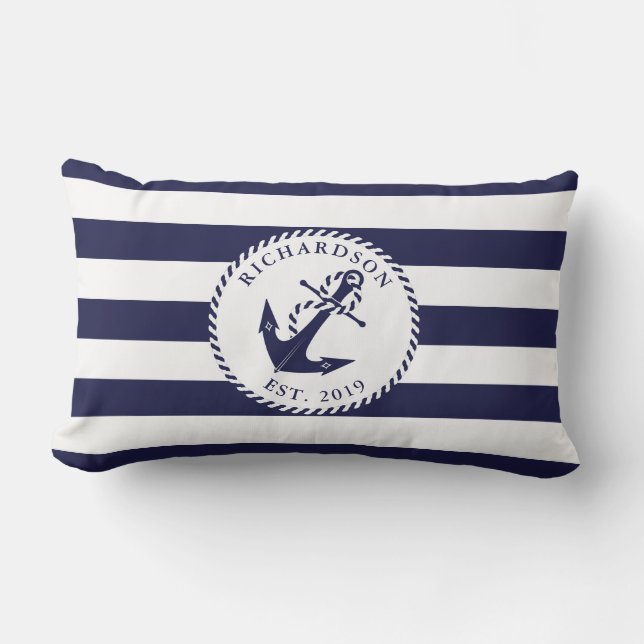Nautical Anchor Navy Blue and White Stripes Family Lumbar Pillow (Front)
