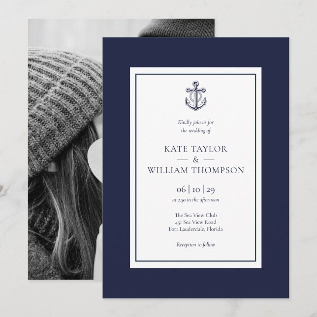Nautical Anchor Navy Blue And White Wedding Photo  Invitation (Front/Back)
