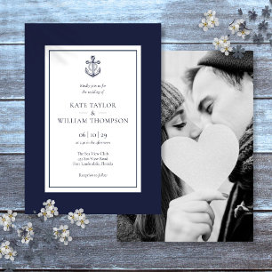 Nautical Anchor Navy Blue And White Wedding Photo Invitation