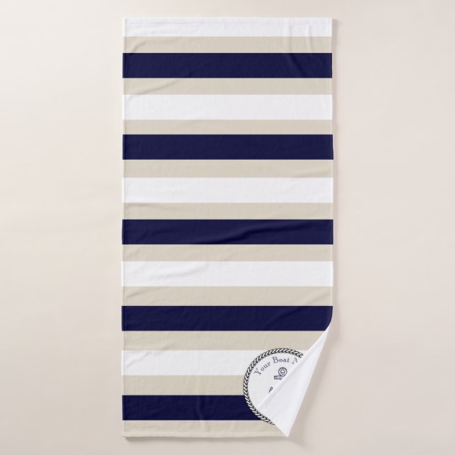 Nautical Anchor Navy Blue Beige White Stripe  Bath Towel (Bath Towel)