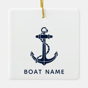 Nautical Anchor Navy Blue Boat Name Christmas Ceramic Ornament