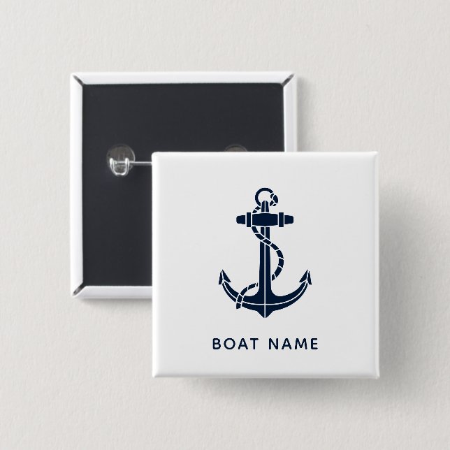 Nautical Anchor Navy Blue Boat Name Coastal Custom 2 Inch Square Button (Front & Back)